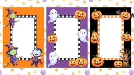 Fototapeta premium Three colorful happy halloween decorative frames featuring cute ghosts pumpkins witches and vampires for festive designs