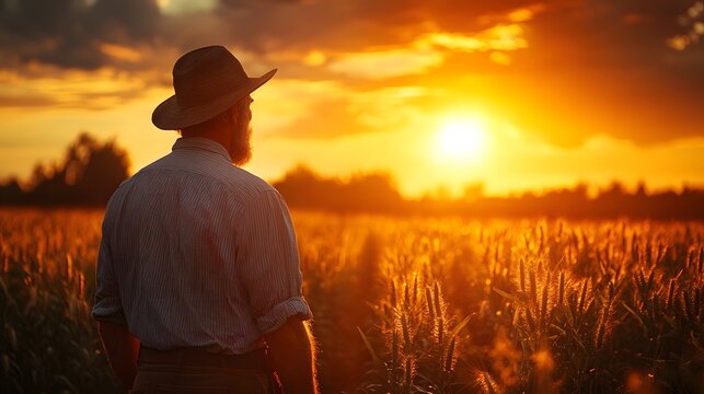 Farmer stands in golden wheat field at sunset watching crops under scorching sun symbolizing climate change impact. Dramatic rural scene with warm lighting and emotional tension.