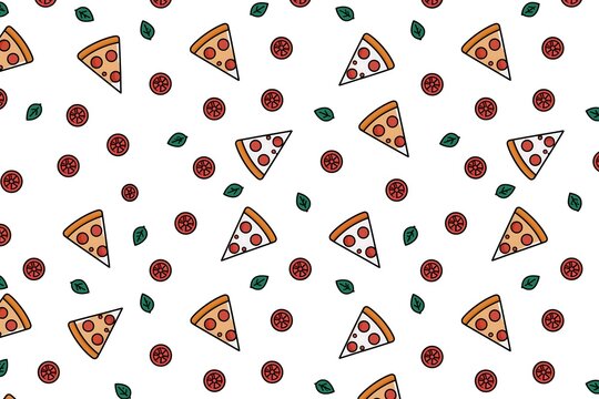 Seamless repeating pizza pattern featuring cute cartoon pepperoni slices and fresh basil leaves on a clean white background
