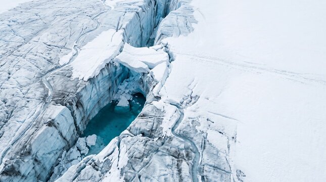 Glacier crevasse melt pool, aerial view of blue water inside fractured ice, vertical cryosphere landscape, dramatic geometry and white copy space for climate science