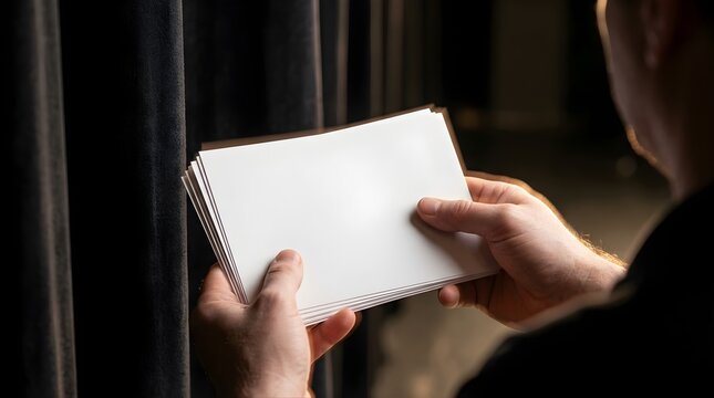 Person holding blank white paper cards for message presentation mockup