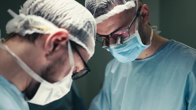 Close-up view of surgeons working as a team during a complex operation. Concept surgical precision, professional healthcare, medical technology and patient safety.