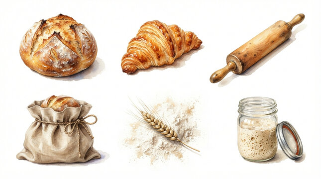 Watercolor Sourdough Bread Baking Set with Crusty Loaf, Golden Croissant, Wooden Rolling Pin, Flour Sack, Wheat Stalk, and Active Starter Jar Isolated on White Background