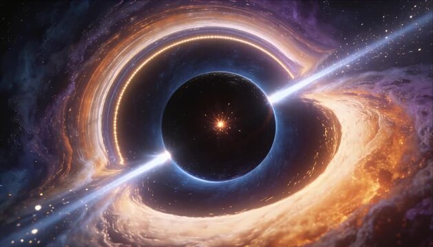 Black hole accretion disk in deep space galaxy field, galaxies swirl near event horizon with dramatic light ring, bright jet, cosmic gravity lensing, star nebula dust cloud background