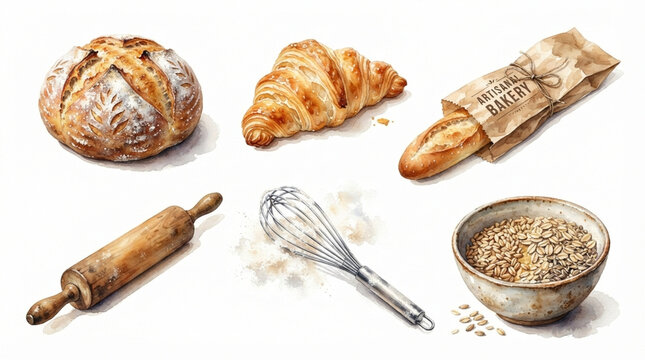 bakery, bread, croissant, baguette, watercolor, illustration, baking tools, rolling pin, wire whisk, grains, cereal bowl, artisanal, handmade, flour, kitchen, food set, collection, isolated, white bac