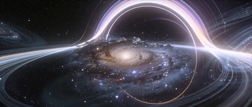 Galaxy space black hole with bright accretion disk, star nebula deep field galaxies, cosmic dust and starlight, strong gravity lensing rings and warped light in vast universe background