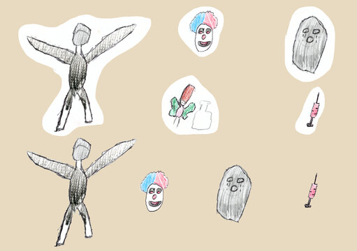 Hand Drawn Scanned Halloween Clown Slenderman Ghost and Winged Figures Isolated Cutout Illustrations