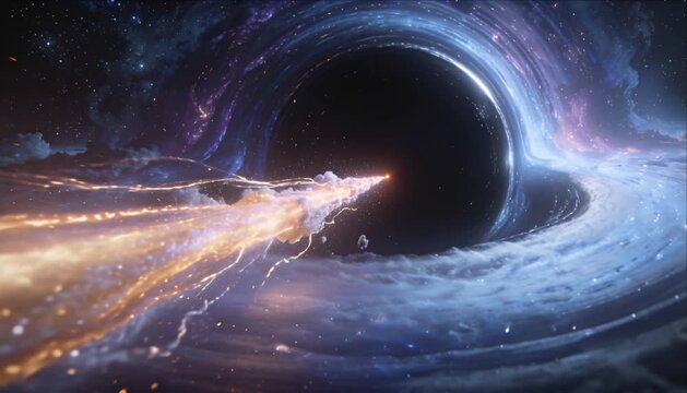 Black Hole Accretion Disk in Deep Space Field, Cosmic Galaxy Nebula Star Dust and Glowing Matter Swirling Near Distant Galaxies with Luminous Jet Streams and Dramatic Light