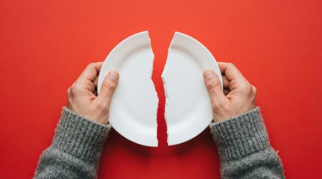 Hands holding a broken white plate on a red background