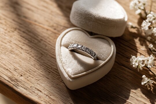 Elegant eternity diamond wedding band inside a white heart shaped velvet ring box on a rustic wooden table with soft sunlight shadows
