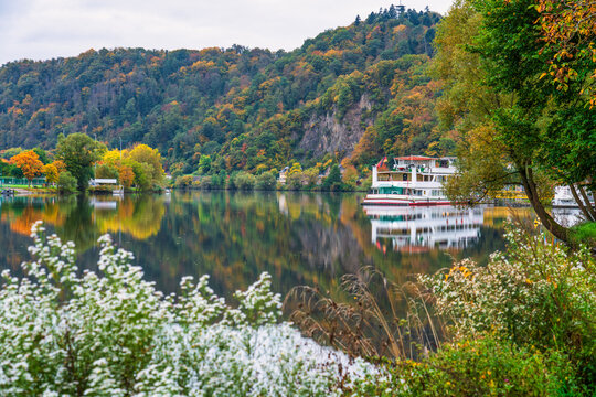 Mosel river in autumn season. Vineyard region of South west Germany. Europe