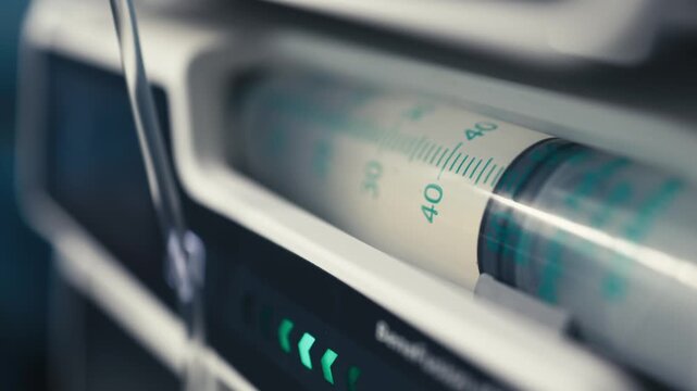 Syringe pump prepared for controlled medication infusion in a hospital. Concept precision healthcare, drug delivery and patient monitoring.
