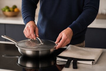 Fototapeta premium Adult man carefully places a lid onto a pan on a modern induction hob. This action represents healthy home cooking and an efficient culinary process.
