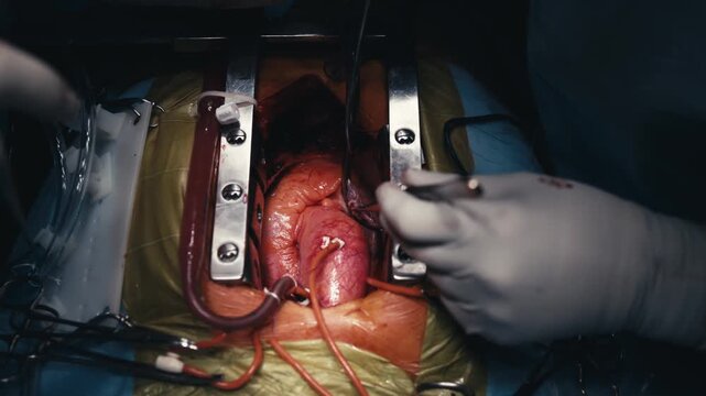 Close-up of an open-heart surgical procedure in a modern operating room. Concept cardiac surgery, cardiovascular medicine, surgical precision and advanced healthcare.