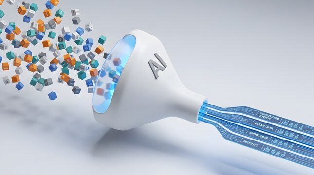 Artificial intelligence data cleaning process extracting structured output and business insights from scattered raw information blocks