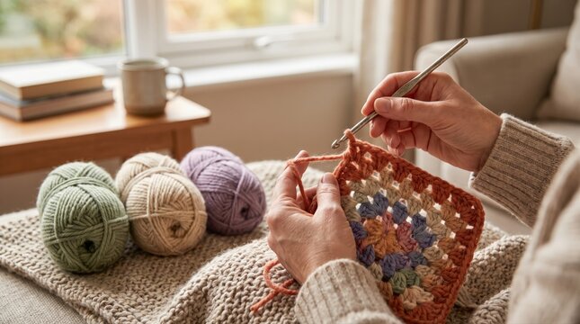 Hands meticulously crochet a vibrant granny square using colorful yarn in a cozy home setting. This relaxing hobby promotes mindfulness and handmade creativity.