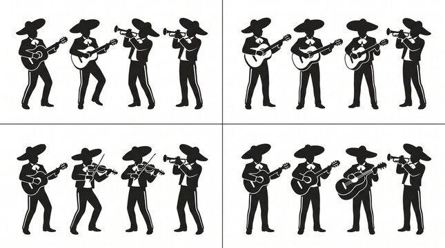 Mariachi ensemble silhouettes, sombrero‑clad musicians, cultural harmony, festive rhythm, timeless Mexican musical artistry.