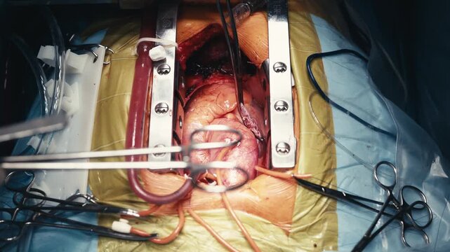 Close-up of a complex cardiac operation performed in a modern sterile operating room. Concept open-heart surgery, cardiovascular treatment, medical innovation and patient care.