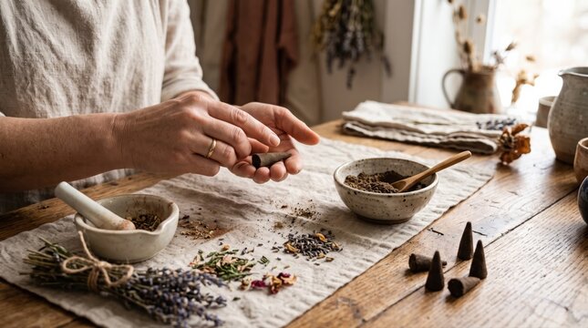 Artisan hands meticulously shape homemade incense cones from dried herbs and natural ingredients. This mindful craft embodies holistic wellness and sustainable living practices.