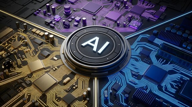 Artificial intelligence hardware consolidation concept showing central AI processor integrating multiple colored circuit board sectors