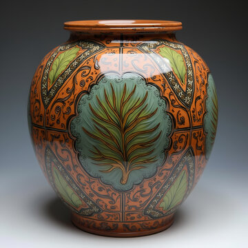 Large vintage ceramic urn with ornate botanical pattern and green leaf design traditional handcrafted terracotta vase isolated on grey backdrop