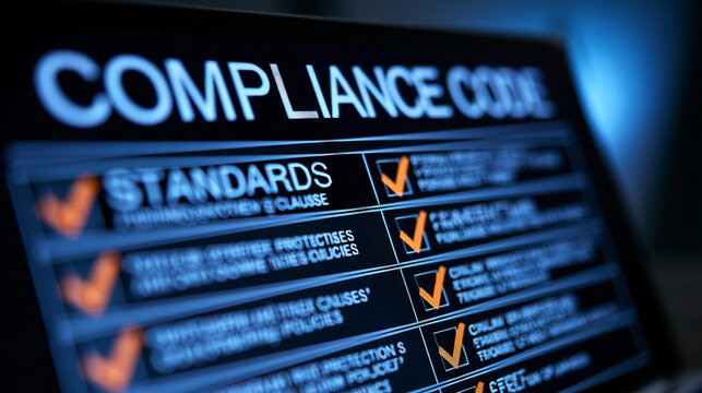 Compliance code display on a bright screen listing standards clauses and protection policies with checkmarks crisp typography orderly rows clean palette artificial
