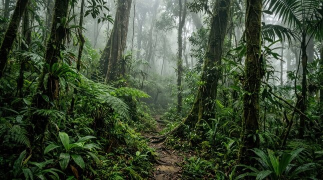 Misty Rainforest Path with Lush Greenery and Towering Trees.