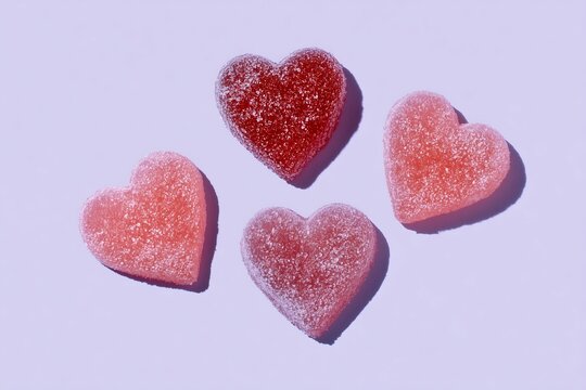 Four heart shaped gummy candies with sparkling sour sugar coating on a trendy soft lavender purple background with sharp shadows
