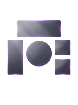 Futuristic dark glass UI elements, glowing purple neon frames on black panels, sleek tech interface buttons for web design