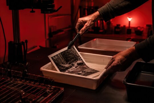 A person's hands meticulously develop a black and white print in a traditional darkroom. This analog process highlights the craftsmanship and artistry of classic photography.