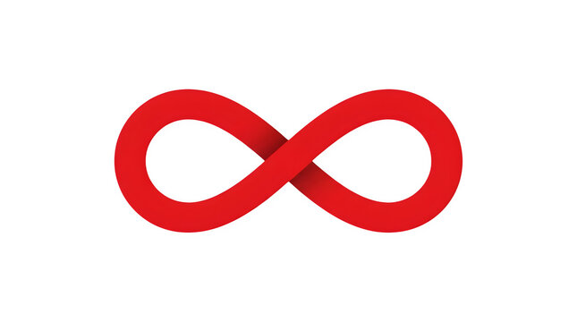 Red infinity symbol with 3D shadow effect, mathematical loop icon on white background, eternal love and limitless concept graphic