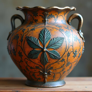 Antique ceramic urn with handles and raised green leaf motif ornate vintage terracotta vase with floral patterns on rustic wooden table