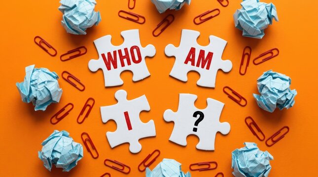 Jigsaw puzzle pieces with the text who am i on an orange background with paper clips and crumpled paper balls