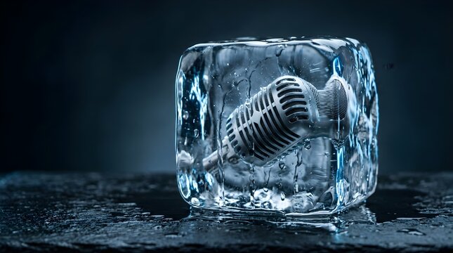 Vintage microphone frozen inside a melting ice cube on dark background