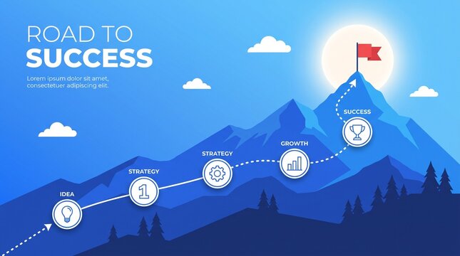 Road to success infographic with mountain landscape with set against serene mountain backdrop bright sun depicts stylized infographic with infographic