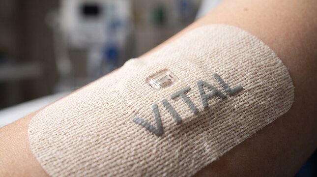 Close-up of a wearable smart patch on a patient's arm for monitoring vital signs