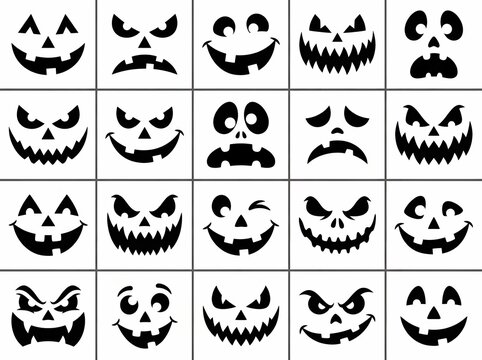 Set of 20 spooky jack-o-lantern pumpkin carving face silhouettes for Halloween designs