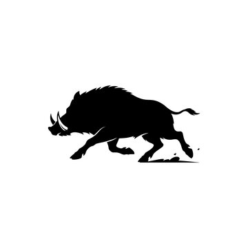 Black silhouette of a charging wild boar isolated on a white background