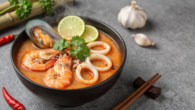 A steaming bowl of vibrant Thai spicy soup with shrimp, squid, mussels, lime, and fresh herbs on a gray stone surface.