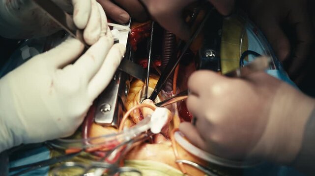 Detailed view of an open-heart surgical procedure with medical instruments in the operating field. Concept cardiovascular medicine, precision surgery, sterile healthcare and modern technology.