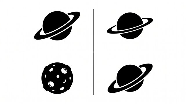 Celestial silhouettes of ringed planets, cratered moons, cosmic harmony, abstract astronomy iconography in space.