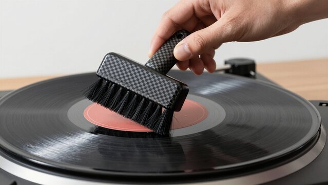 A hand uses a soft-bristled brush to gently clean dust off a spinning black vinyl record on a turntable.