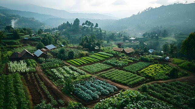 Farmers implement permaculture techniques across terraced hillsides showcasing sustainable farming practices with vibrant green crops and misty mountain backdrop.