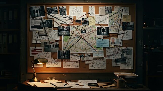 Detective investigation board with crime scene photos and red string connection map