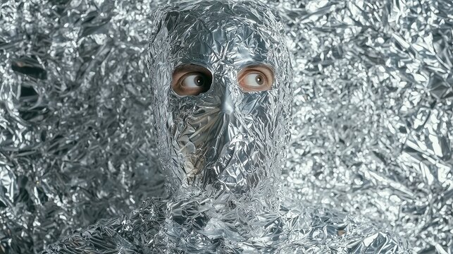 Man Wrapped in Aluminum Foil Camouflaged Against Foil Background Concept of Paranoia and Conspiracy Theory