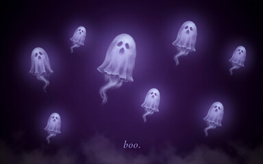 Fototapeta premium Cute ghost characters glowing in dark purple neon light for Halloween party design elements