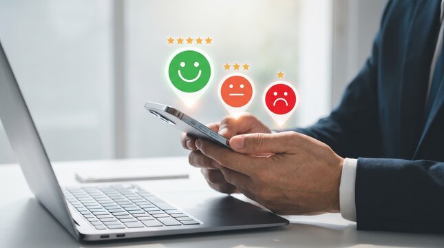 Customer satisfaction survey with happy and sad face emojis on smartphone screen, feedback rating stars, user experience evaluation, positive and negative review icons