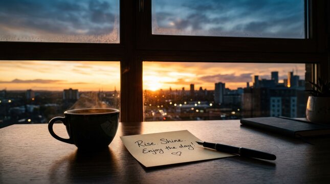 Morning Coffee View Over City Skyline at Sunrise with Handwritten Note.