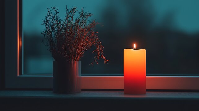 Candle and plant on windowsill at night