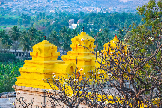 Yellow painted temple shrines and gopurams surrounded by lush green palm trees and landscape in Hampi, India. Historic Hindu architecture, cultural heritage landmark and archaeological site view.